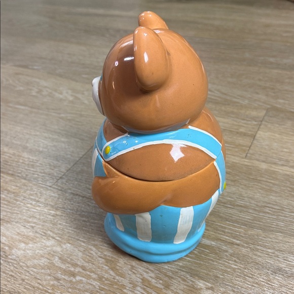 Vintage Teddy Bear Blue Striped Overalls Ceramic Cookie Jar Cottage Core - Picture 6 of 10